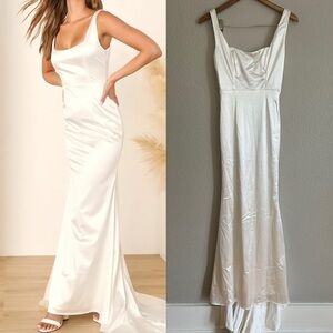 Sensational Promise White Satin Square Neck Mermaid Maxi Dress